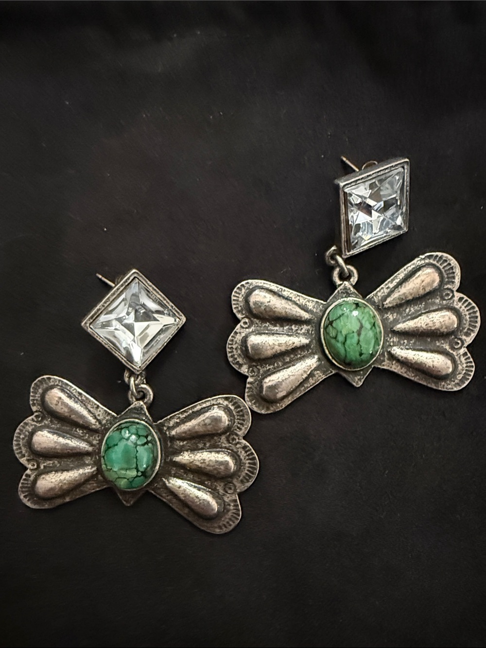 Lulu Frost Silver-Tone Bow Earrings with Green Stone and Clear Crystal